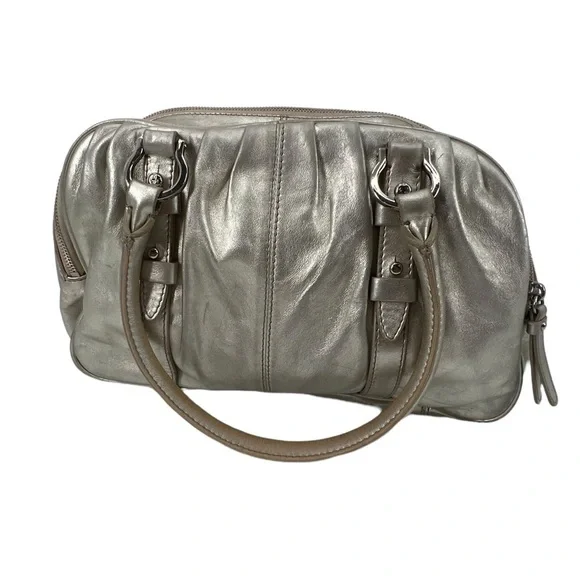 Cole Haan Silver Leather Zipper Top 3 Compartment Satchel Bag Purse Women's - Picture 8 of 13